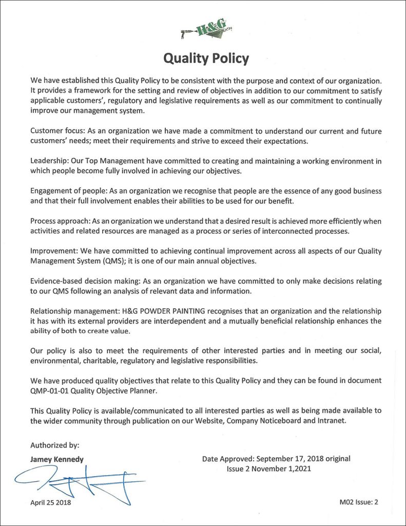 Signed Quality Policy Document